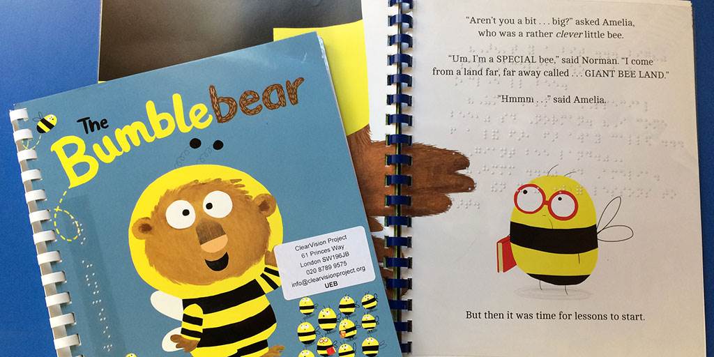 The cover of ClearVision's Braille adaptation of The Bumblebear by Nadia Shireen