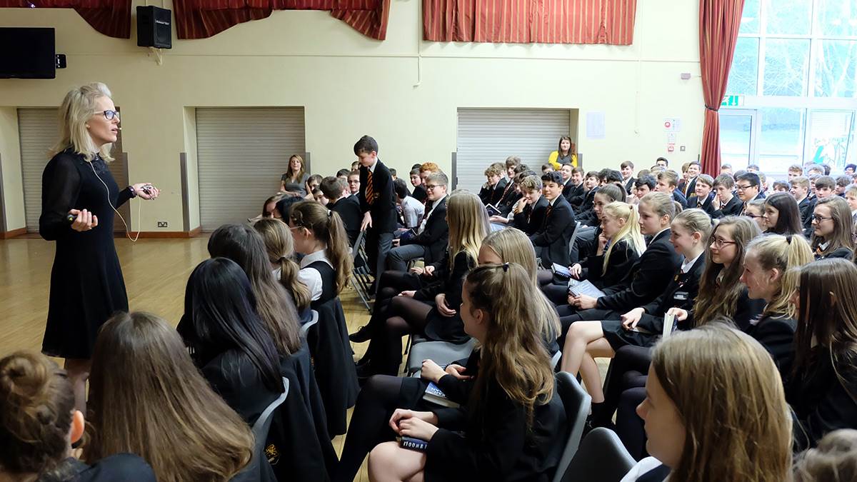 Sarah Crossan addresses pupils in Northern Ireland