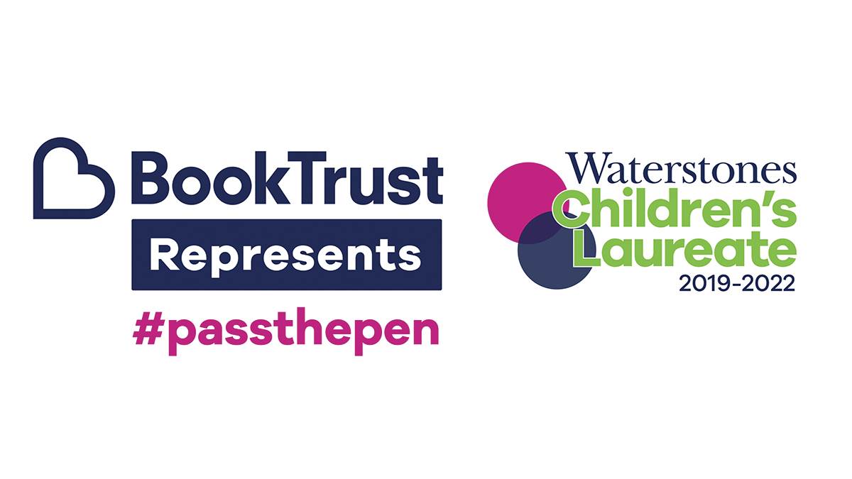 The logos for BookTrust Represents and Waterstones Children's Laureate plus the #PassThePen hashtag