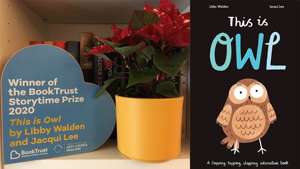 The Storytime Prize trophy and the front cover of This Is Owl
