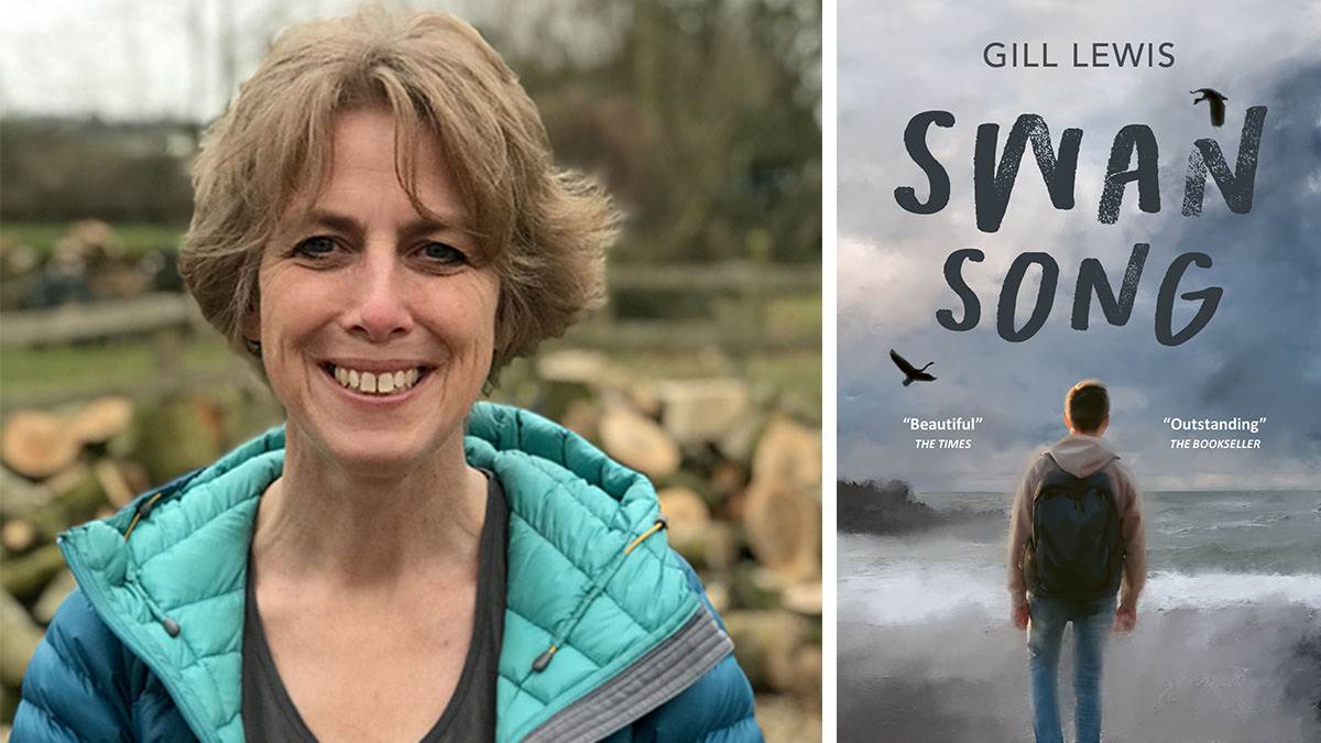 A photo of Gill Lewis and the front cover of Swan Song