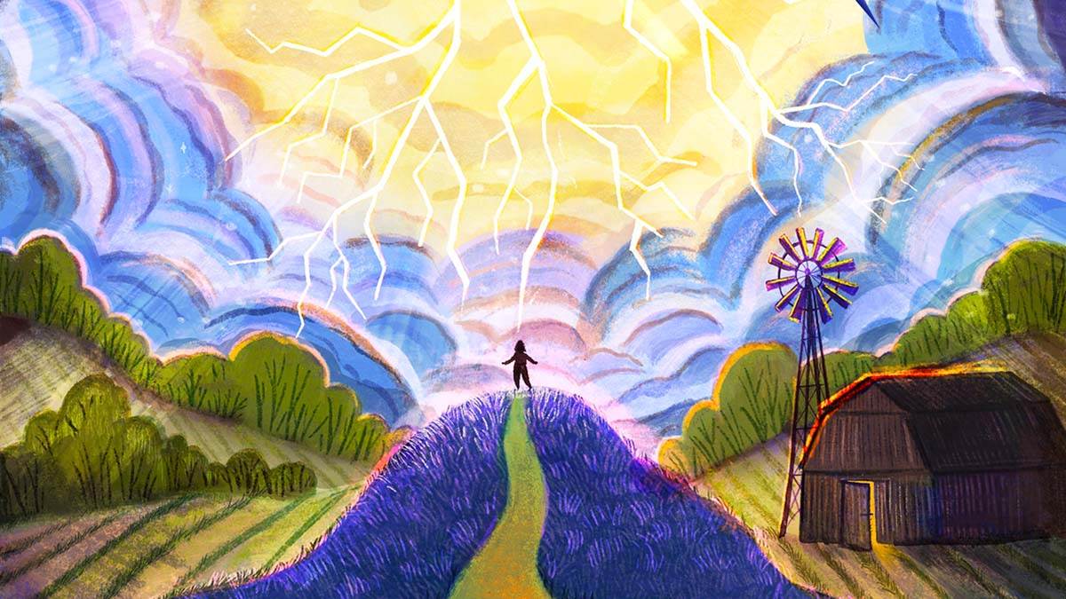 An illustration from the front cover of My Own Lightning - a young person in the distance in a countryside scene complete with barn, standing on a hill and looking up at a huge storm