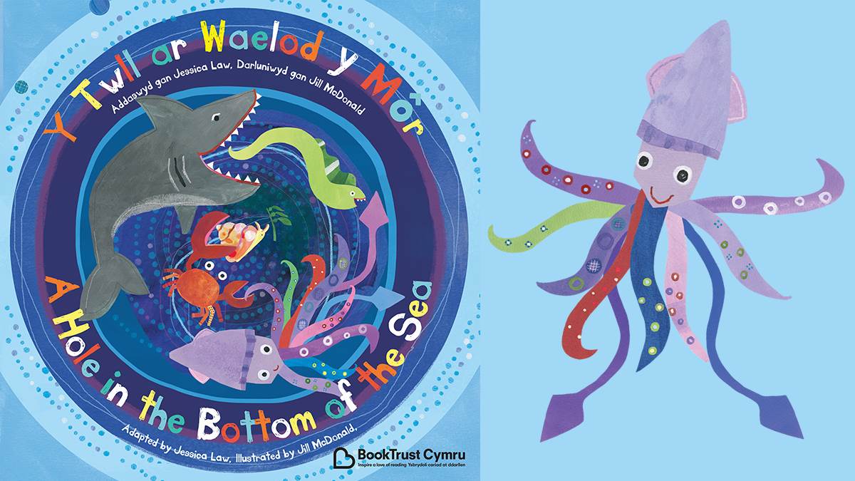Welsh cover of A Hole in the Bottom of the Sea and squid illustration