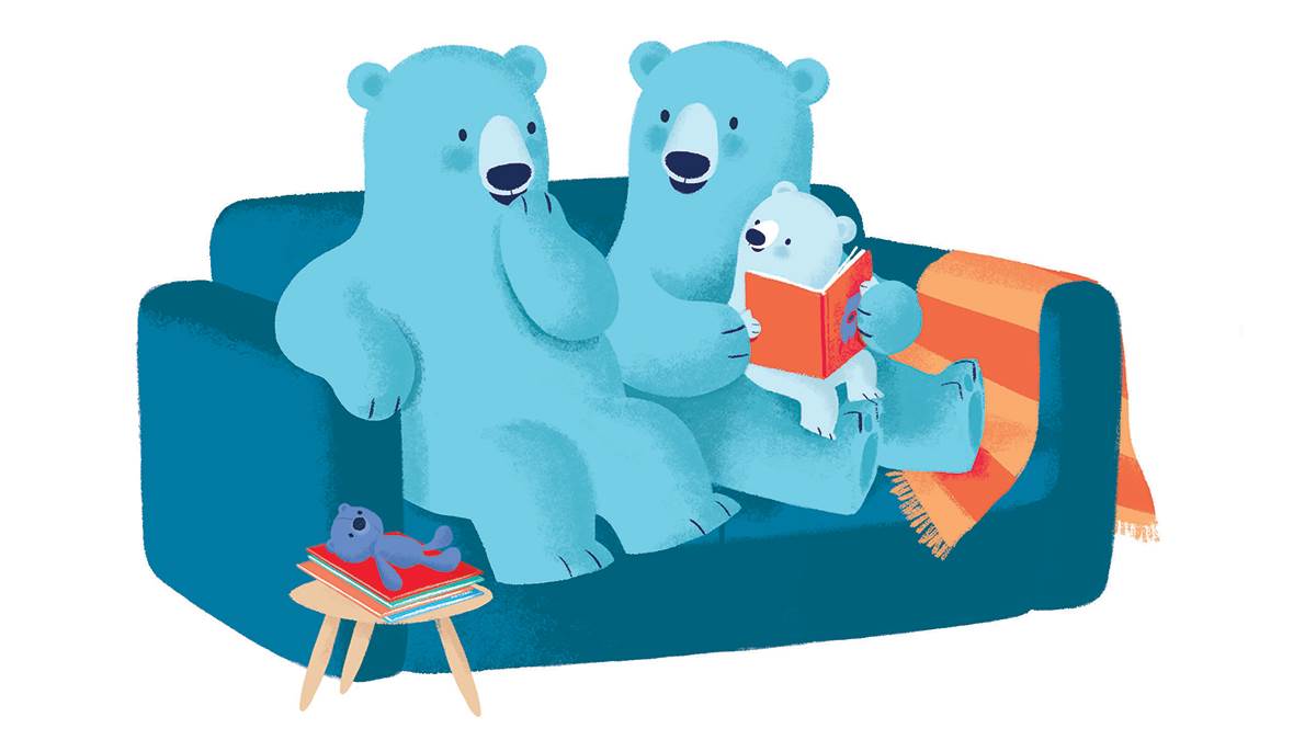 Two Bookstart Bears and a cub reading on a sofa together