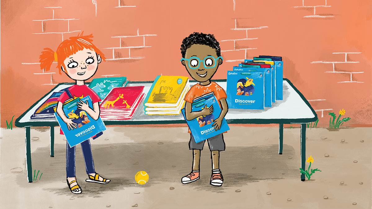 An illustration of a boy and a girl with BookTrust care packages © Hannah Shaw 2021