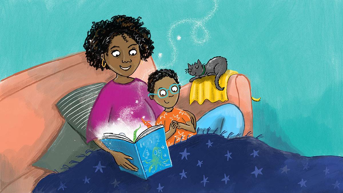 An illustration of a mother and son reading together in bed © Hannah Shaw 2021