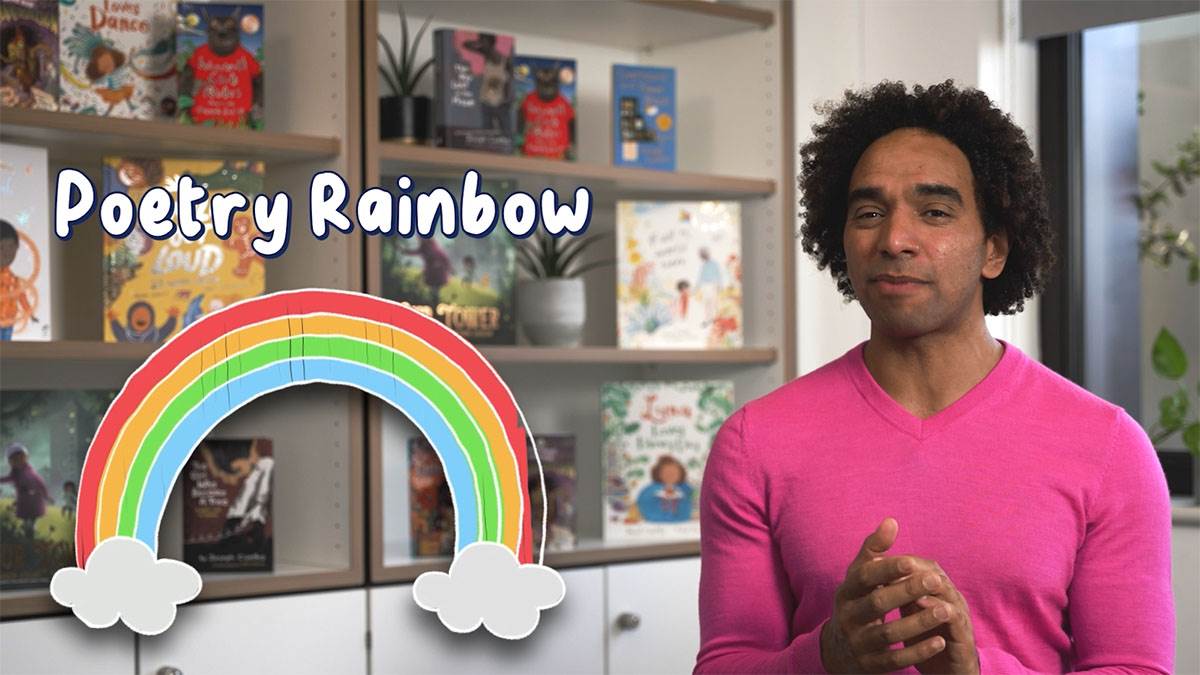 Joseph Coelho introducing a Poetry Prompts video, with an illustration of a rainbow and the words 'Poetry Rainbow'