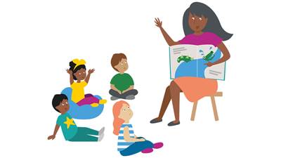 An illustration of a teacher reading to a group of children