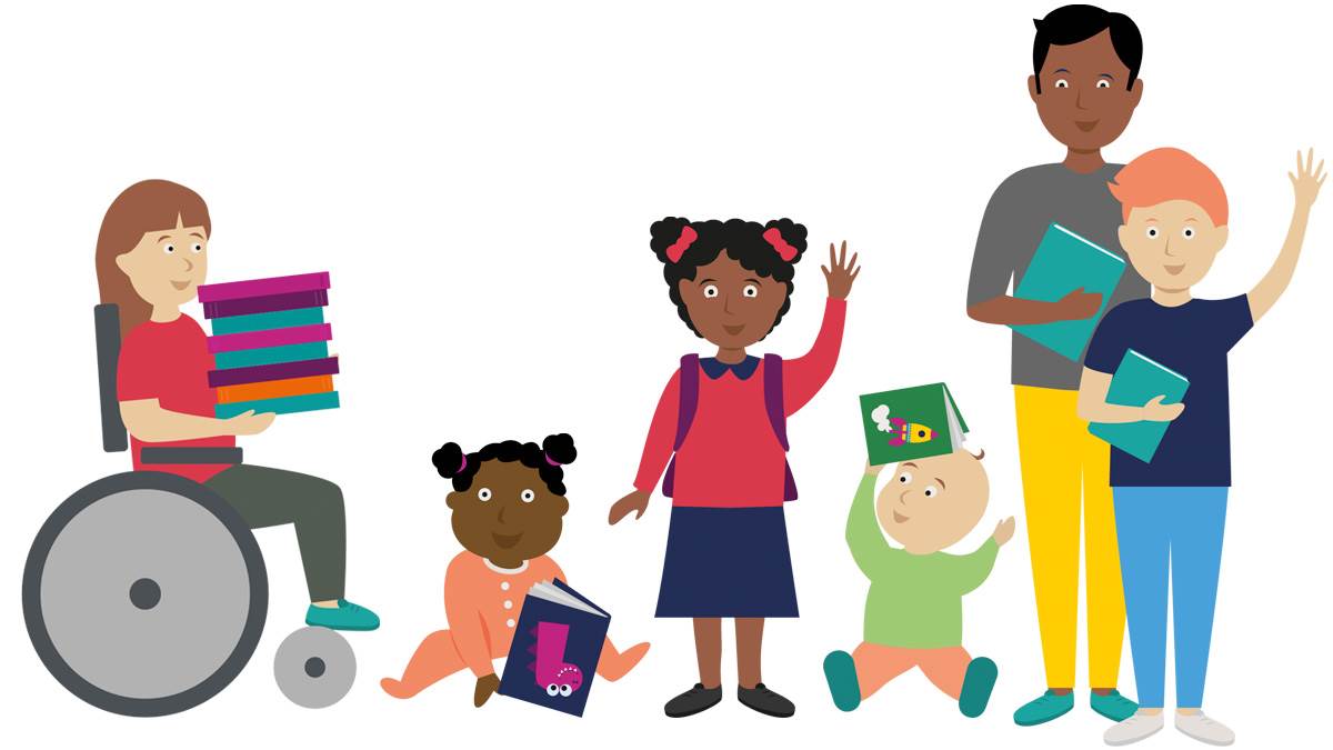An illustration of a group of children and a teacher holding books, smiling and waving