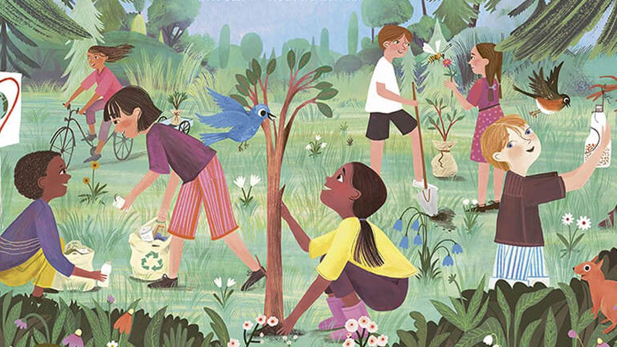 An illustration from Old Enough to Save the Planet - a group of children working hard to look after a forest area, picking litter, riding bikes and planting trees